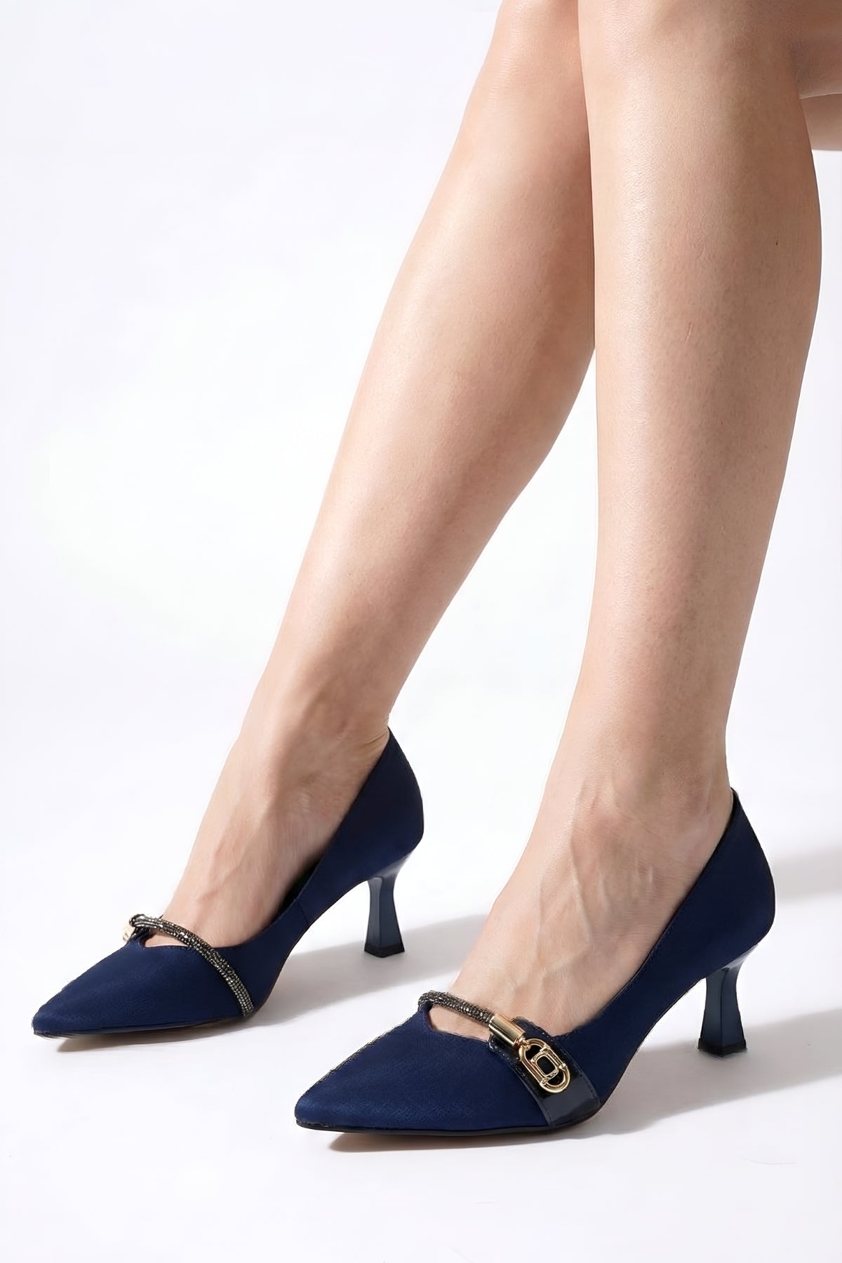 Lacivert  Stiletto Topuklu Ayakkabı - Taş Tokalı 8 cm Topuk