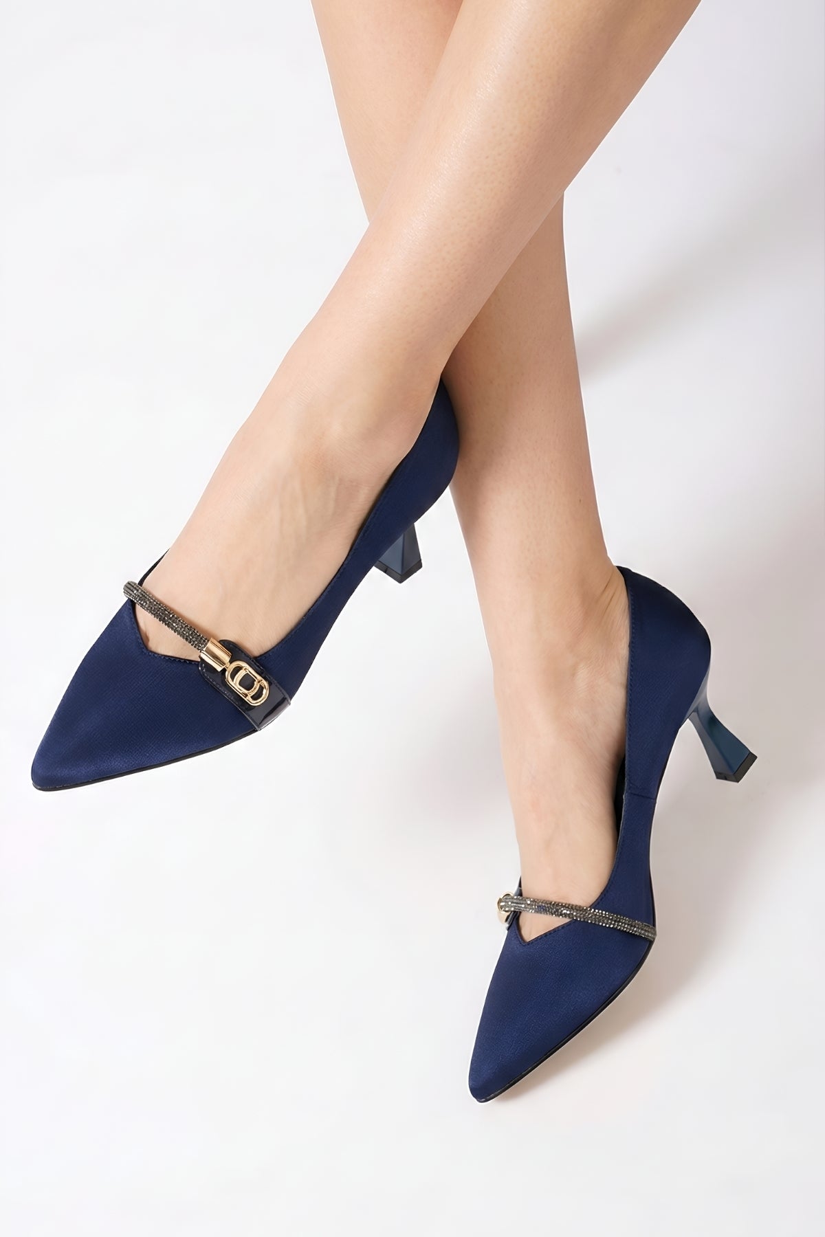 Lacivert  Stiletto Topuklu Ayakkabı - Taş Tokalı 8 cm Topuk