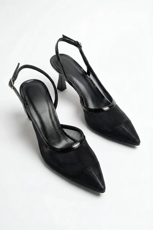 Siyah Arkası Açık Fileli Topuklu Ayakkabı 8 cm - ASSORTIE SHOES