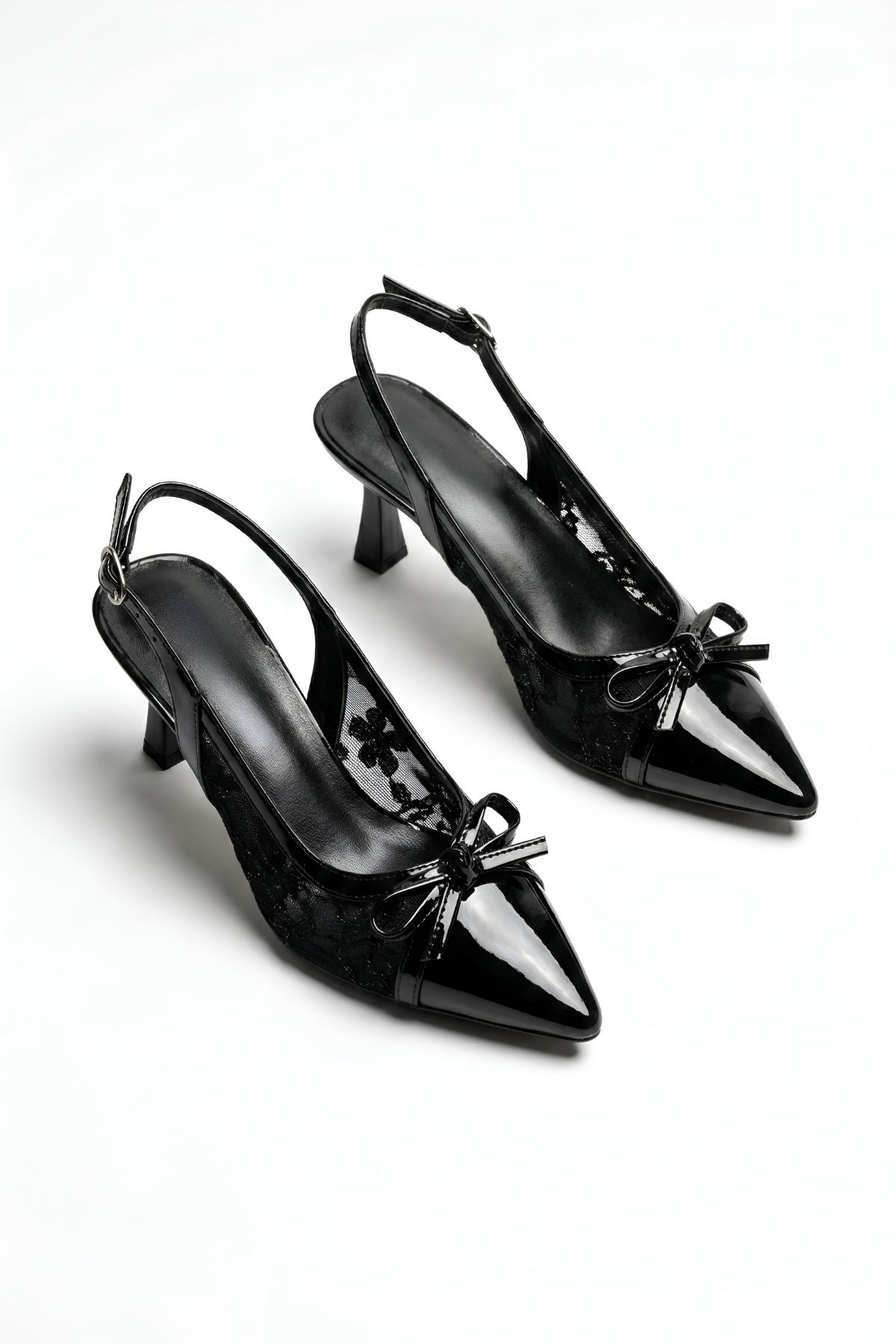 Siyah Rugan Topuklu Ayakkabı - Fiyonk Detaylı 8 cm Topuk