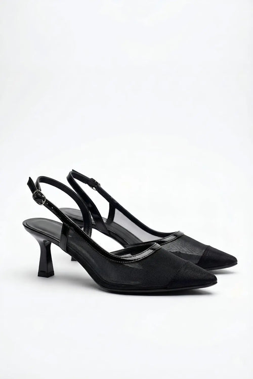 Siyah Arkası Açık Fileli Topuklu Ayakkabı 8 cm - ASSORTIE SHOES