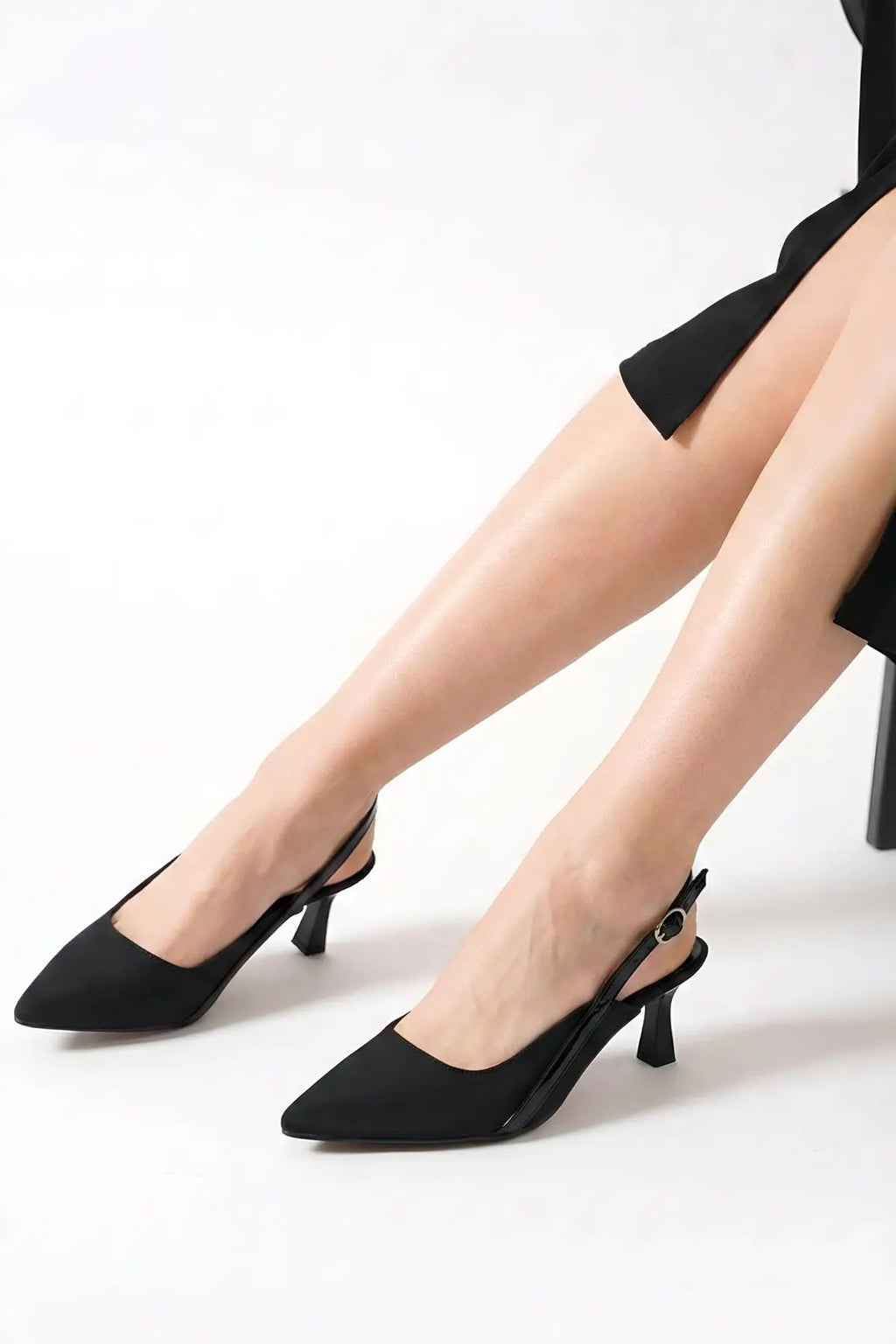 Siyah Süet Arkası Açık Tokalı Topuklu Ayakkabı 8 cm - ASSORTIE SHOES