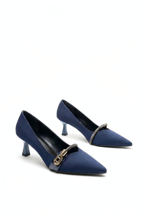 Lacivert  Stiletto Topuklu Ayakkabı - Taş Tokalı 8 cm Topuk